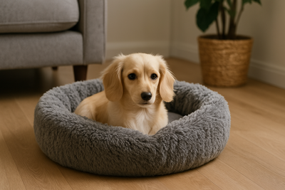 petit Teckel à poil long blanc dans un salon avec un canapé griss et une plante verte en fond. Son panier panier pour petit chien est gris et il est couché dedans en regardant devant lui. image de collection panier pour petit chien de boutiquechien