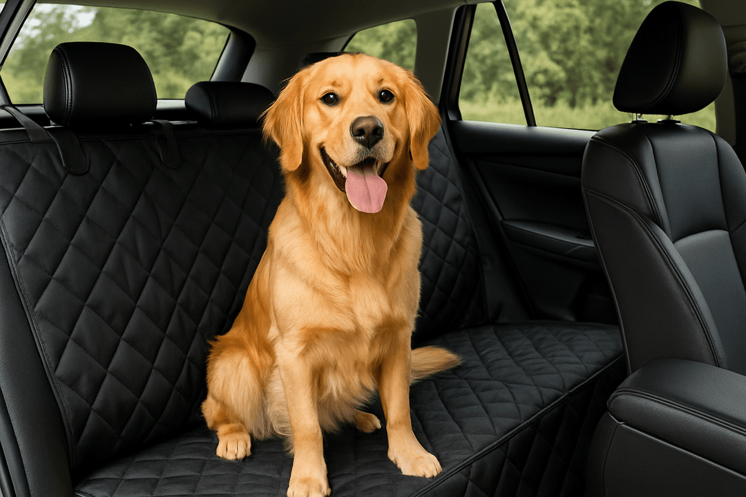 chien assis sur la banquette arrière d'une voiture avec des sièges protégé par une protection de siège pour chien. L'image sert pour la collection protection voiture chien de la boutique en ligne boutiquechien