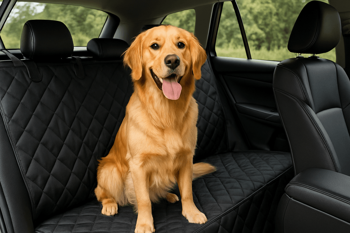 chien assis sur la banquette arrière d'une voiture avec des sièges protégé par une protection de siège pour chien. L'image sert pour la collection protection voiture chien de la boutique en ligne boutiquechien