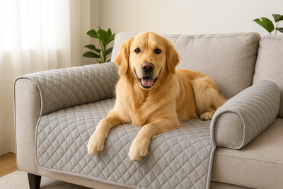 Golden Retriever allongé sur un canapé protégé par une housse matelassée grise, illustrant la collection “protection canapé chien” d’un site e-commerce pour accessoires animaliers qui est boutiquechien.fr