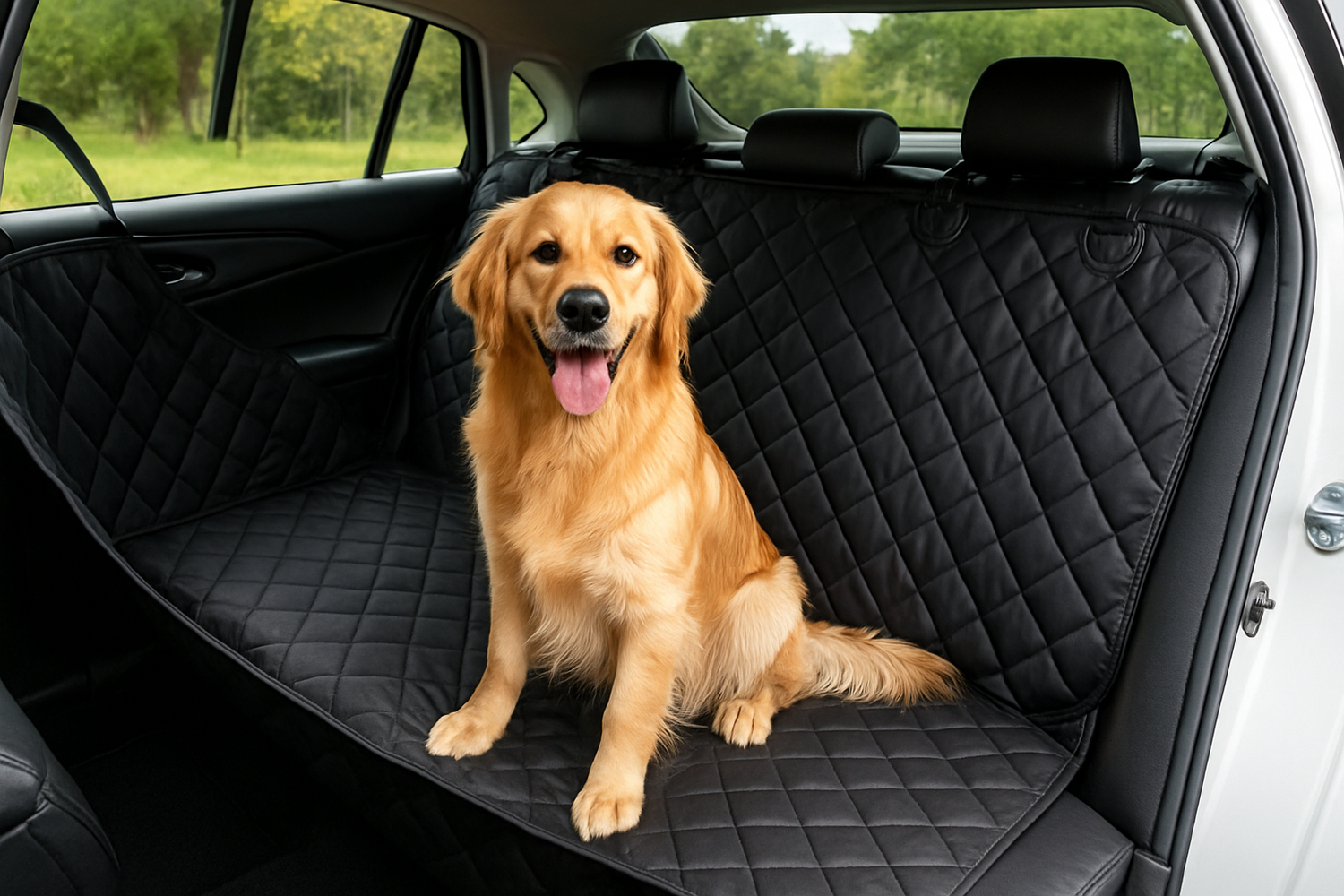 golden retriever assis sur le siège arrière d'une voiture blanche sur des protections de siège noir. L'image sert pour la collection protège siège voiture pour chien de la boutique en ligne boutiquechien