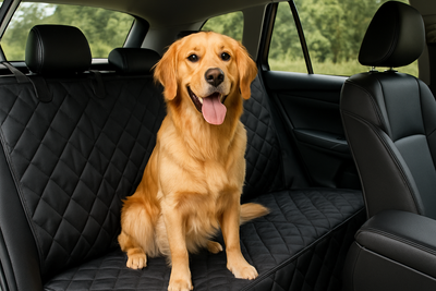 chien assis sur la banquette arrière d'une voiture avec des sièges protégé par une protection de siège pour chien. L'image sert pour la collection protection voiture chien de la boutique en ligne boutiquechien