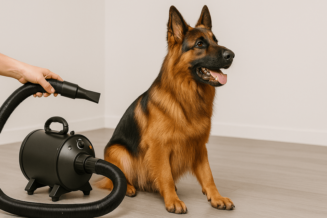 berger allemand assis dans une salle blanche à côté d'un pulseur pour chien noir. Image collection pulseur chien professionnel de boutiquechien