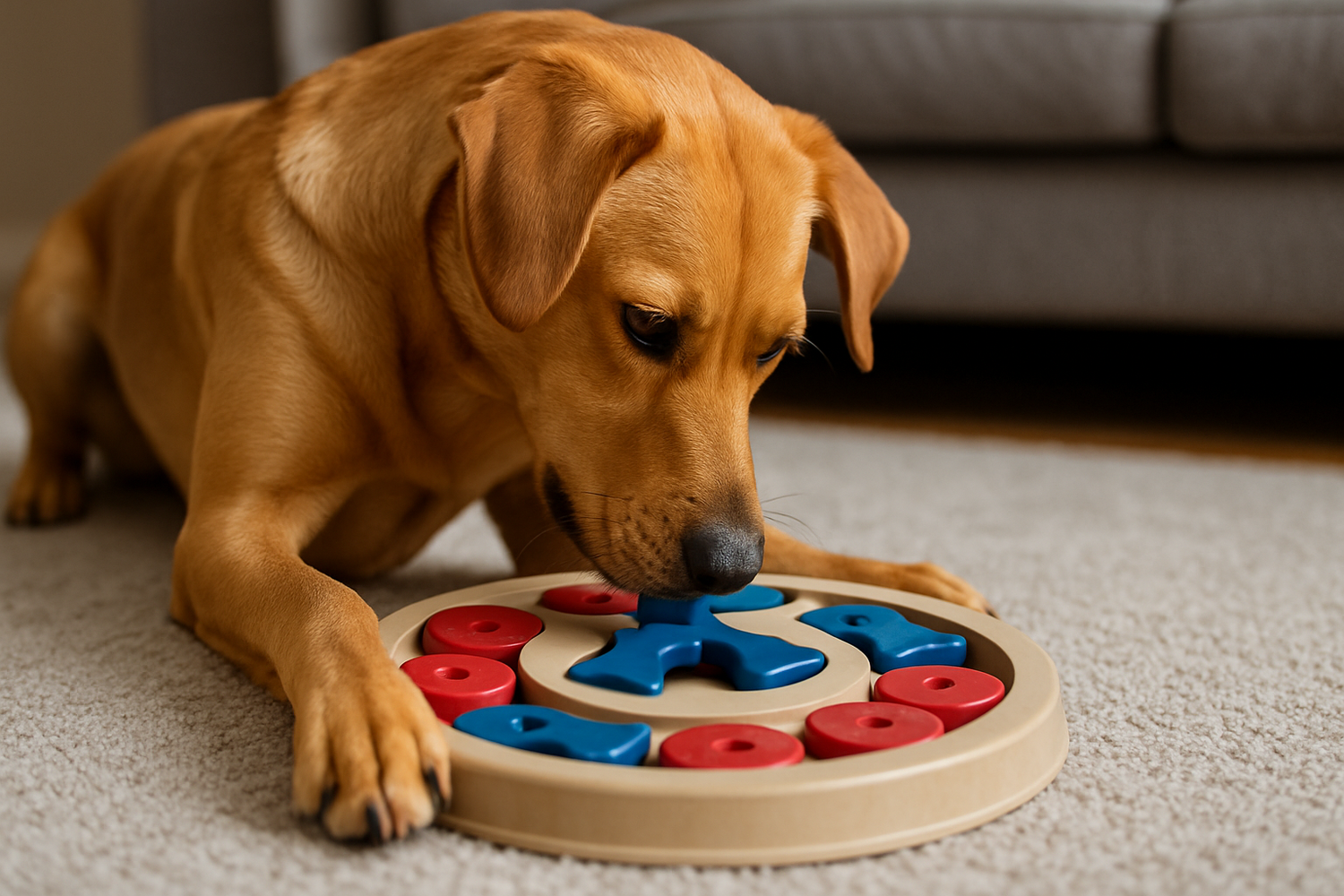 chien brun jouant à un puzzle à friandise pour chien exprès pour les chiens. Il joue dans le salon avec un puzzle pour chien. l'image sert pour la collection puzzle pour chien de boutiquechien