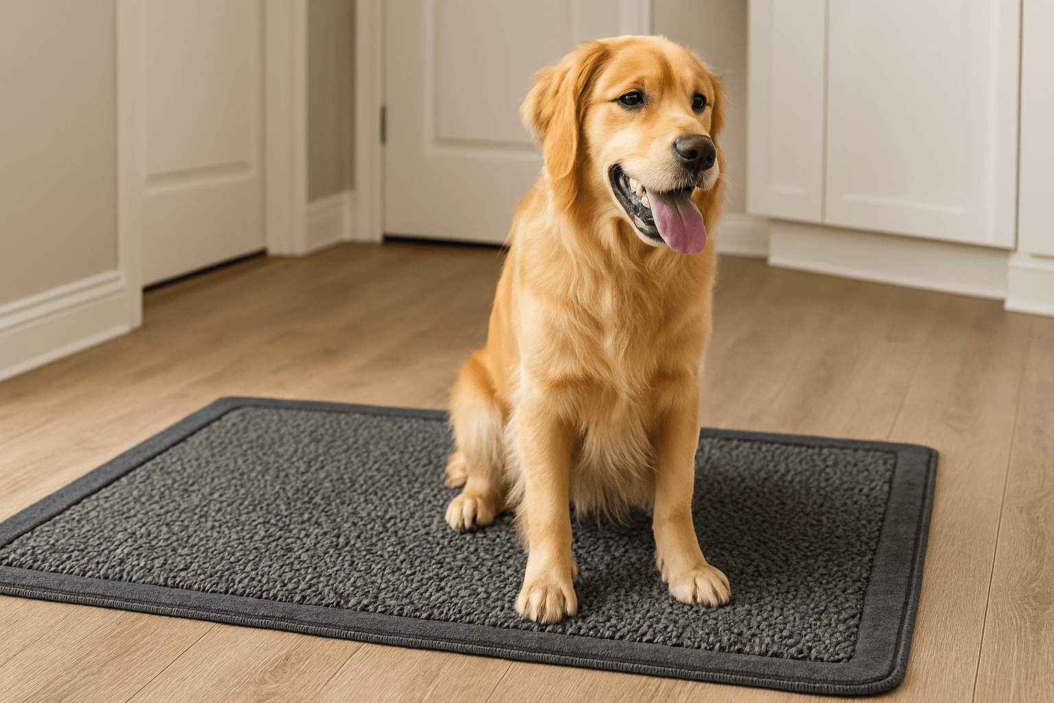golden retriever blanc assis sur son tapis absorbant pour chien. Image collection de tapis absorbant pour chien pour boutiquechien Image