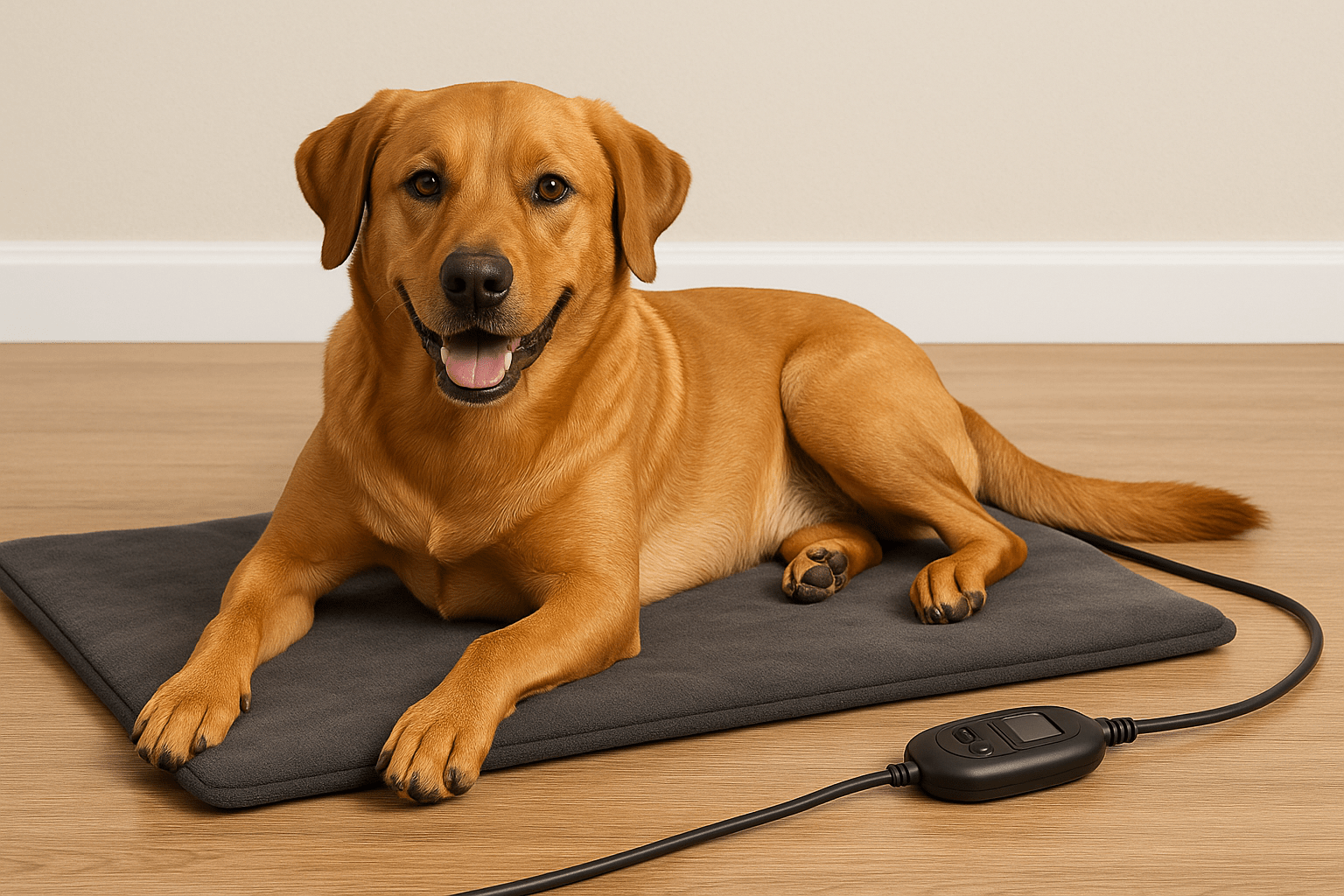 chien brun sur son tapis chauffant pour chien noir avec télécommande réglable. Il est couché sur un parquet brun vers un mur blanc. image collection tapis chauffant chien de boutiquechien Image
