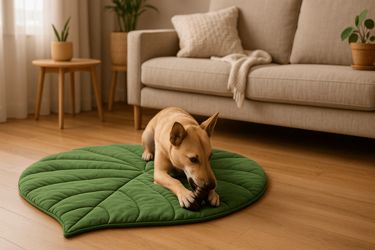 Chien couché de couleur gris posé sur un tapis en feuille de couleur verte. En fond il y a un canapé de couleur gris avec en fond des plantes vertes. Image produit Boutiquechien