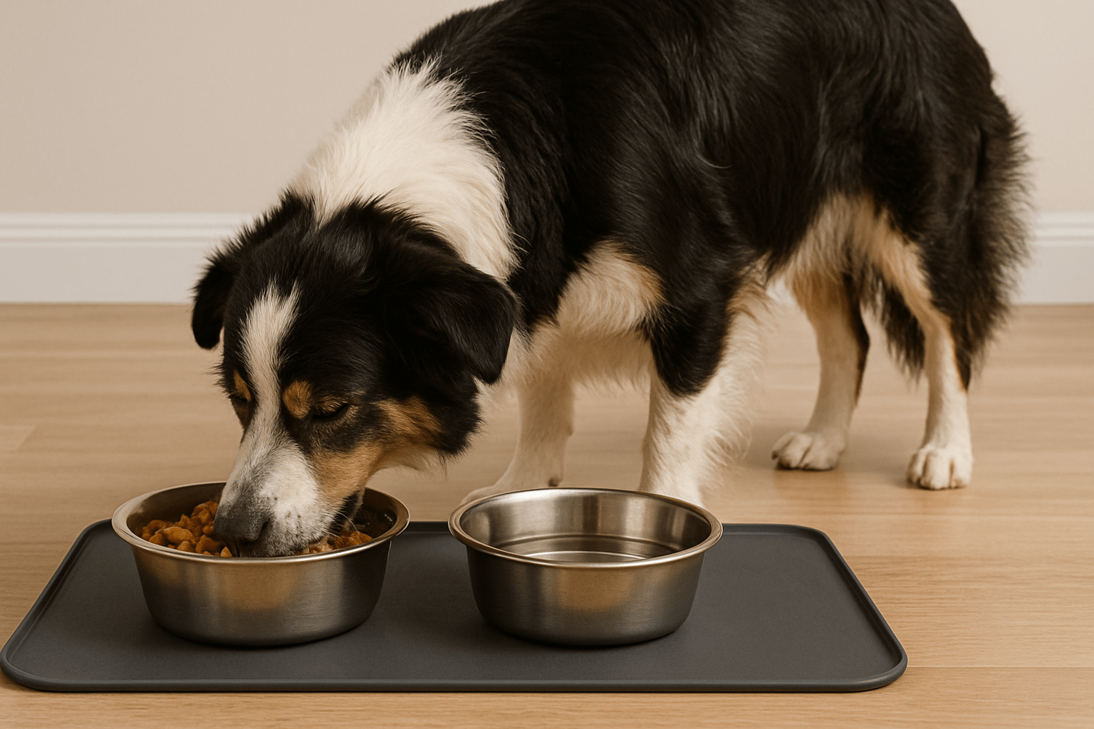 chien mangeant avec ses gamelles en inox sur un tapis. le tapis est gris et le chien est blanc noir avec des tâches de bruns. image collection tapis gamelle chien Image