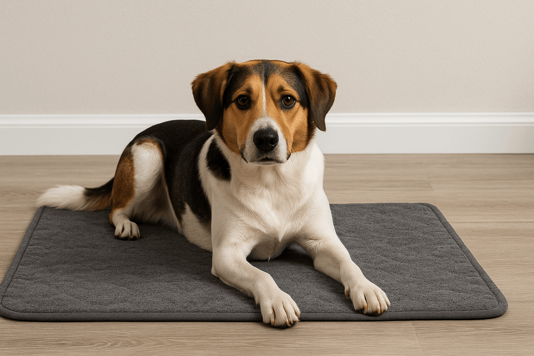 chien couché sur son tapis lavable gris dans une pièce clair. Image collection tapis pour chien lavable de boutiquechien