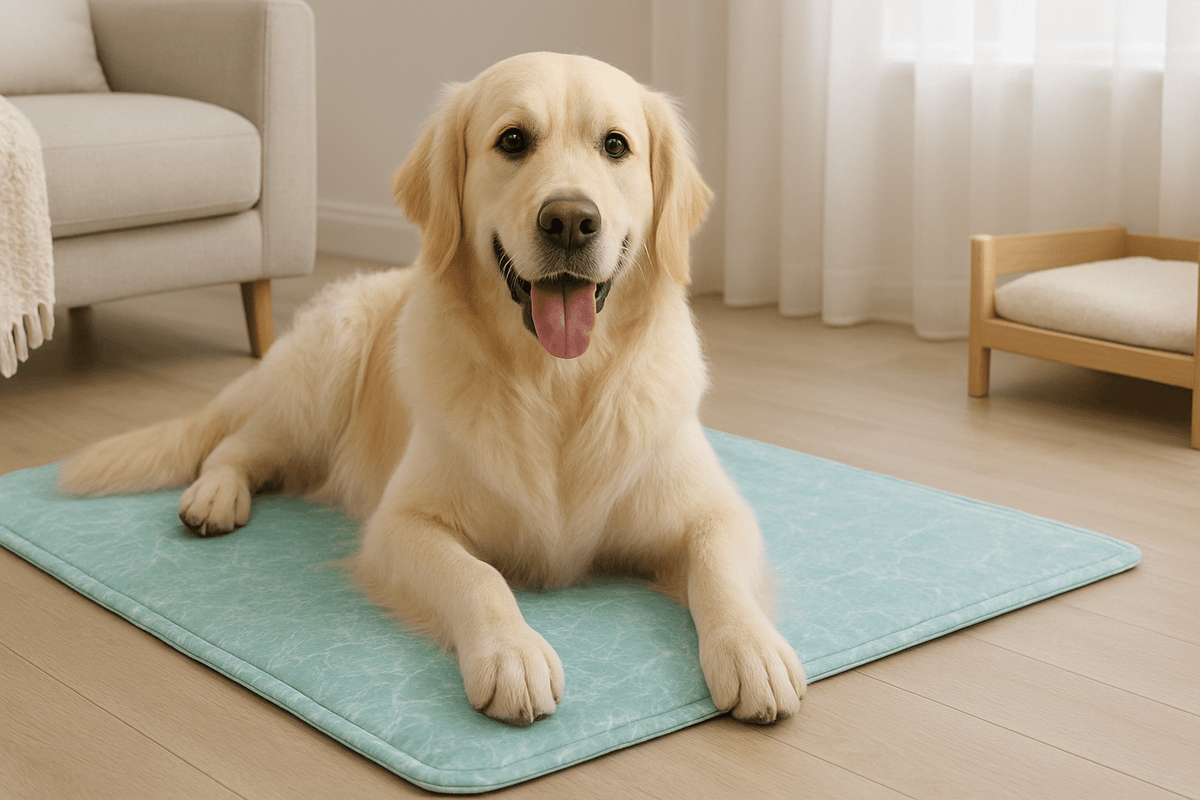 golden retriever coucher sur son tapis rafraîchissant bleu clair dans un salon de couleurs clair. Le chien est blanc avec en fond un canapé blanc aussi. image collection pour tapis rafraîchissant pour chien de boutiquechien