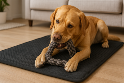 chien sur tapis indestructible pour chien. le chien brun est couché sur ton tapis indestructible noir. image pour collection tapis chien indestructible pour boutiquechien