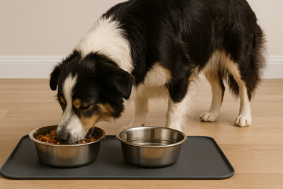 chien mangeant avec ses gamelles en inox sur un tapis. le tapis est gris et le chien est blanc noir avec des tâches de bruns. image collection tapis gamelle chien