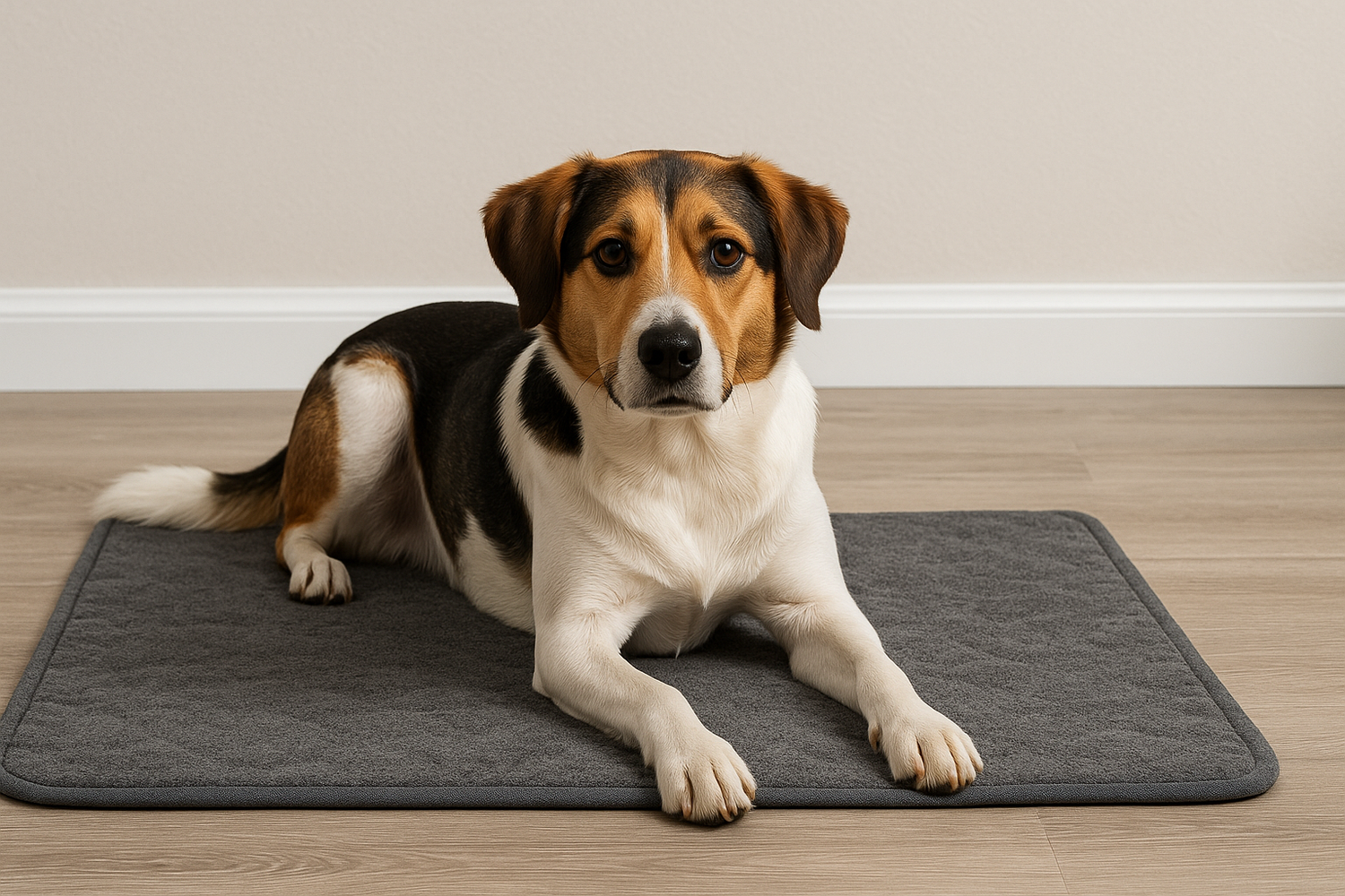 chien couché sur son tapis lavable gris dans une pièce clair. Image collection tapis pour chien lavable de boutiquechien