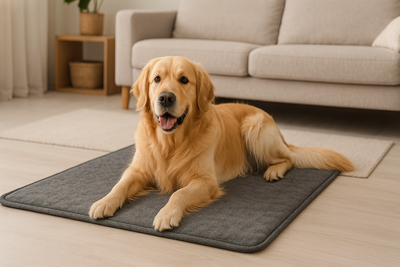 golden retriever sur un grand tapis pour grand chien. Le chien est couché sur son tapis grand dans un salon blanc. Image de collection tapis grand chien pour boutiquechien