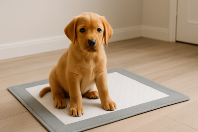 chiot roux assis sur un tapis de propreté gris et blanc dans un salon avec un parquet beige et des murs blancs.Image collection de tapis de propreté chiot de boutiquechien