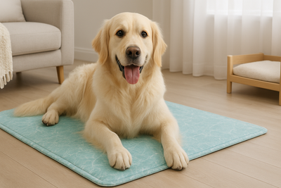 golden retriever coucher sur son tapis rafraîchissant bleu clair dans un salon de couleurs clair. Le chien est blanc avec en fond un canapé blanc aussi. image collection pour tapis rafraîchissant pour chien de boutiquechien