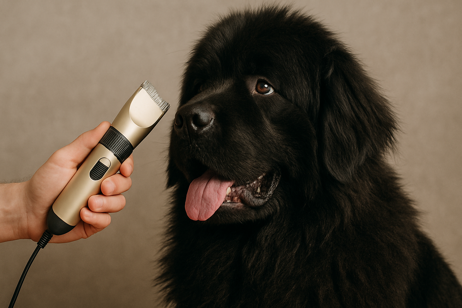 terre neuve noir avec une tondeuse électrique filaire argenté attendant pour se faire tondre les poils avec la tondeuse. Image pour collection tondeuse pour chien de boutiquechien