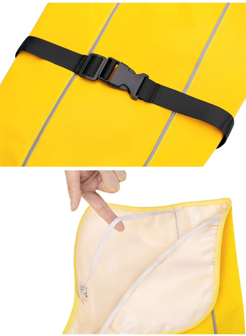 Attache de l'imper our chien de couleur jaune avec des bandes grise. Image produit Boutiquechien
