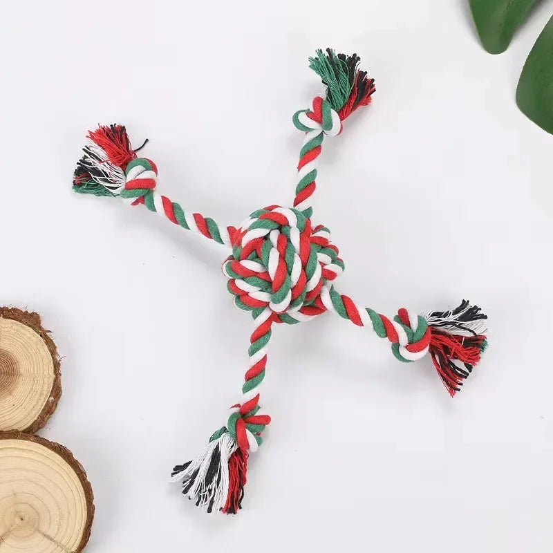 Balle avec bouts de cordes pour chien résistante aux couleurs de noël 