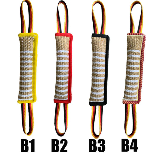 Baton de dressage à la morsure avec des lanières de couleur jaune, rouge et noir avec des bords rembourré Jaune, rouge, noir et rayé de Boutiquechien