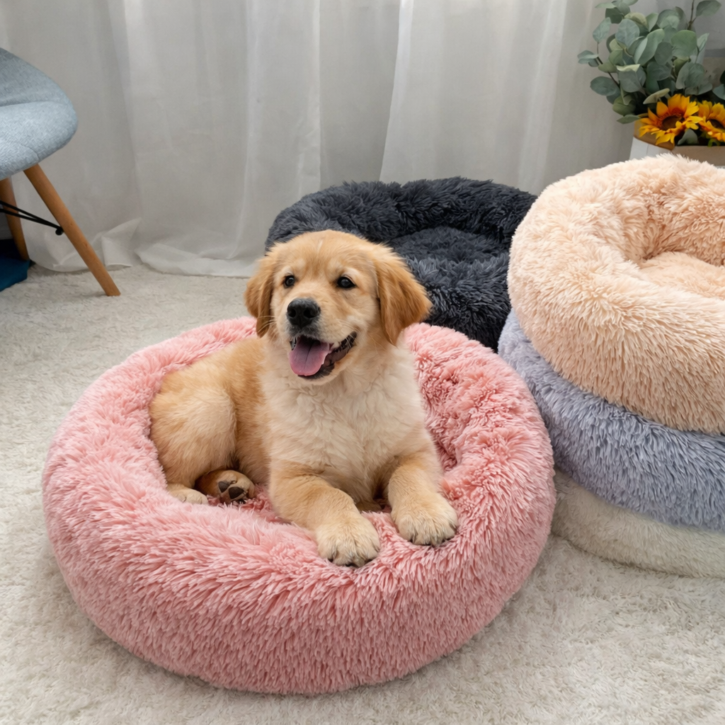 Beau panier pour chien avec un chiot claire  Image