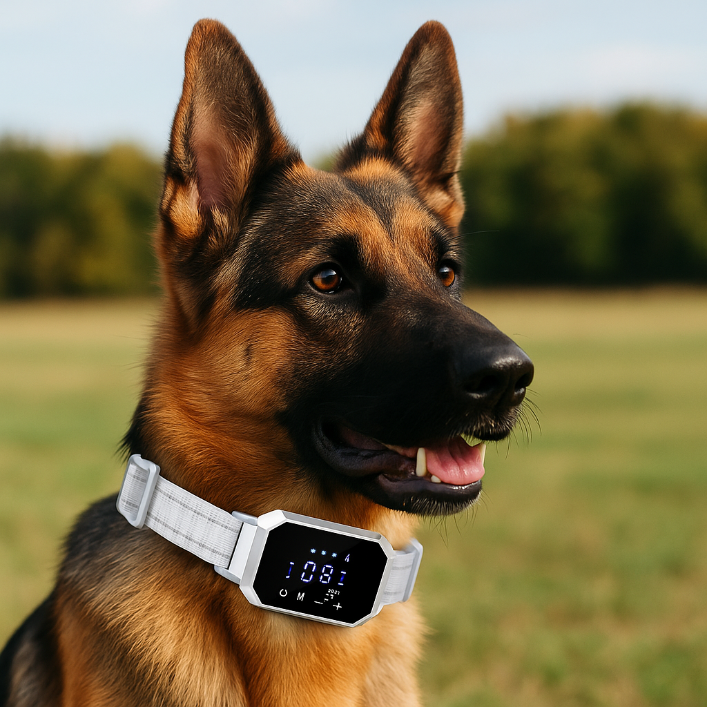 Berger allemand de couleur noir et brun assis dans un champ vert. Le chien porte le collier chien anti fugue de couleur blanc. Image produit Boutiquechien  Image