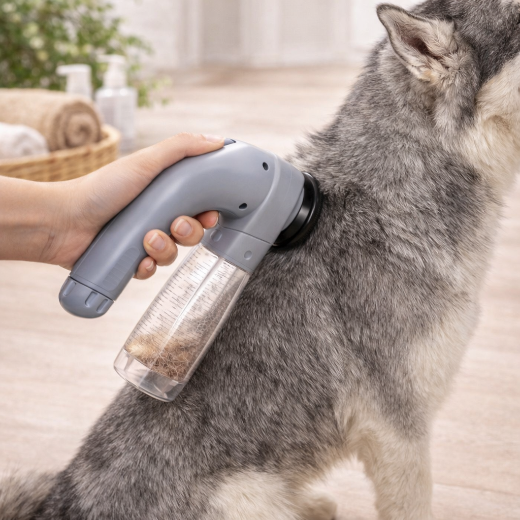 Brosse aspirante pour chien brossant un husky