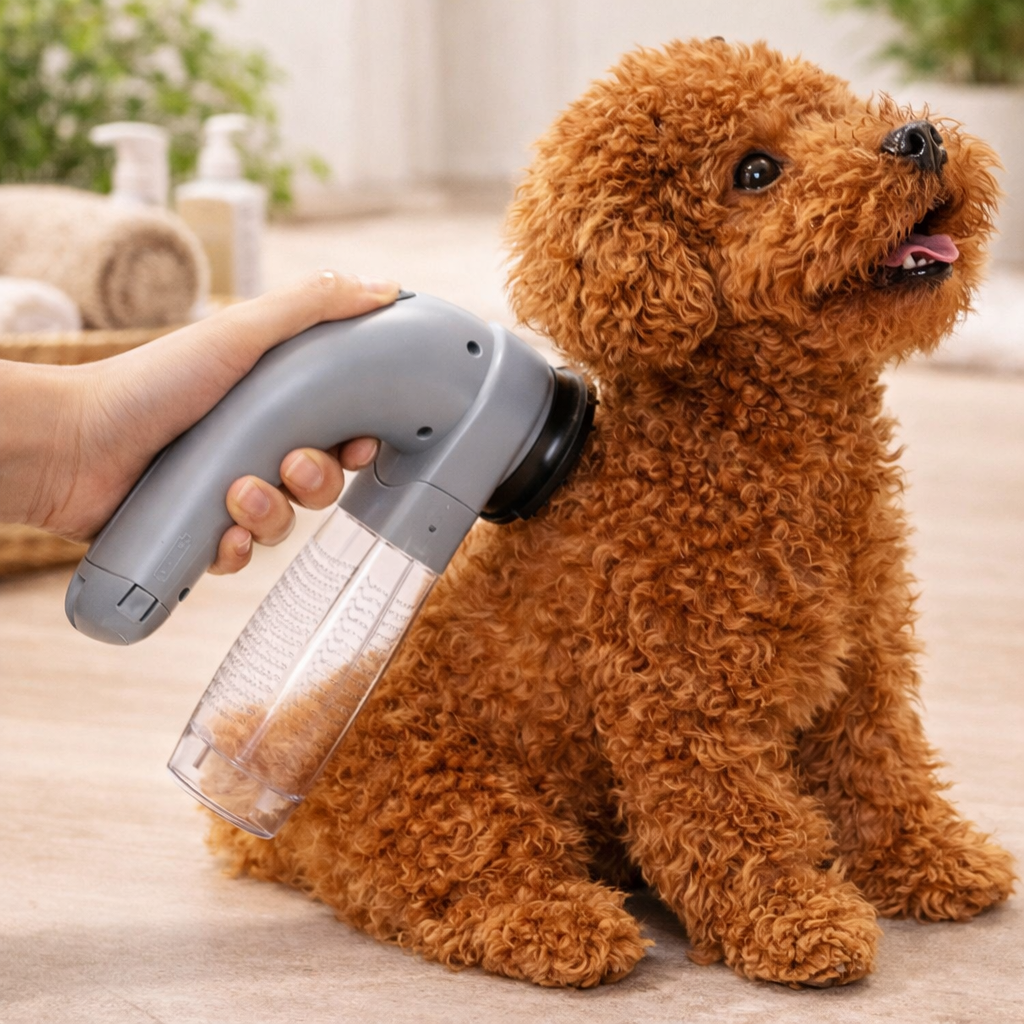 Brosse aspirante pour chien sur un petit chien brun Image