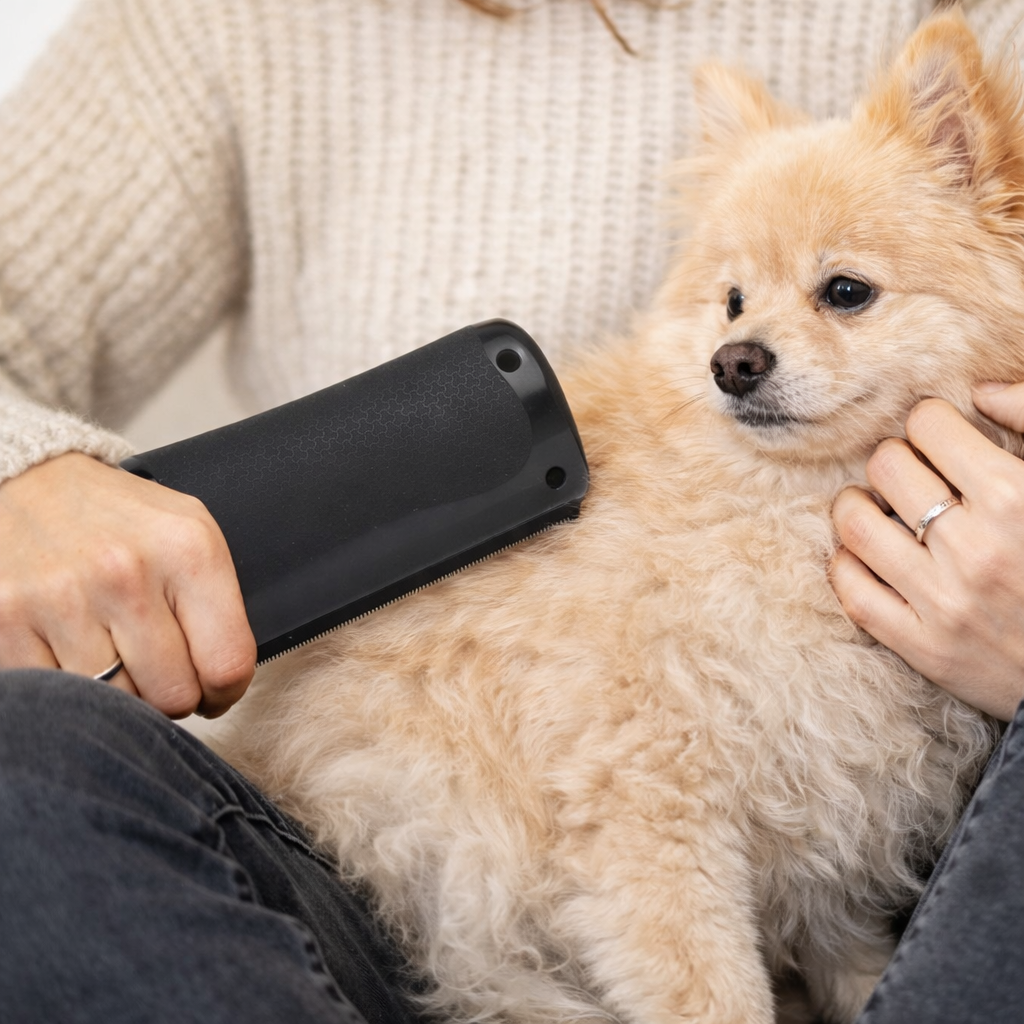 Brosse chien poil ras sur un petit chien de couleur claire 
