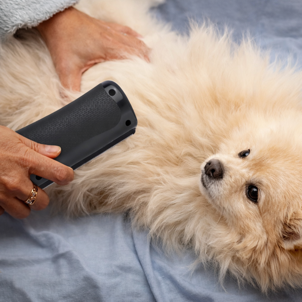 Brosse chien poil ras brossant un chien sur le dos
