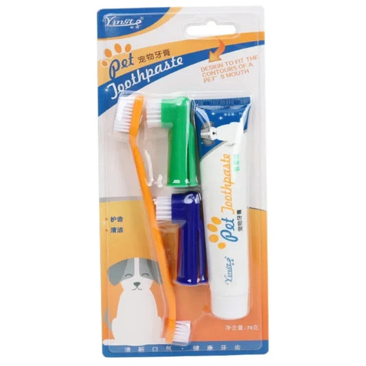 Brosses à dent pour chien de couleur orange, bleu et vert avec dentifrice. Image produti Boutiquechien