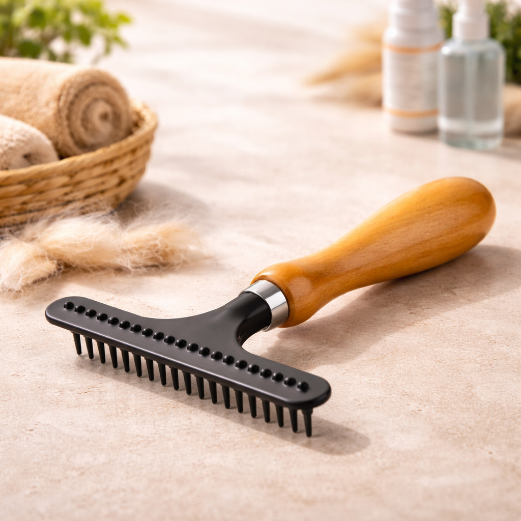 Brosse rateau chien dans un fond claire