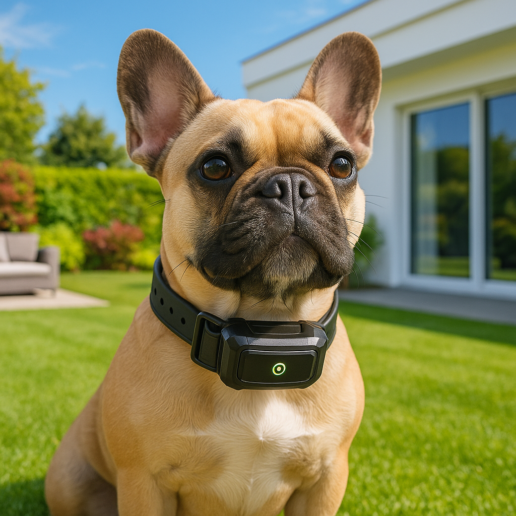Buldog assis dans le jardin d'une maison avec un collier anti fugue noir. Le chien est dans son jardin avec maisons blanche et pelouse verte. Image produit Boutiquechien