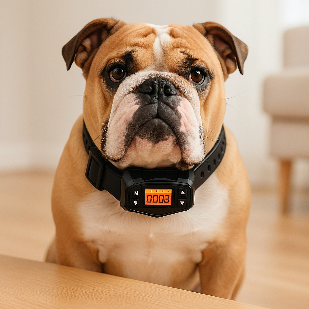 Buldog portant le collier chien anti aboiement de couleur noir. Le chien est assis dans un salon de couleur claire. Image produit Boutiquechien Image