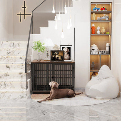 Cage chien noir en forme de meuble avec un escalier sur le côté en marbre blanc. Image produit Boutiquechien 