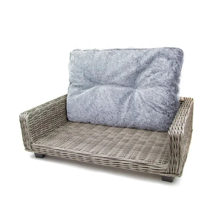 canapé pour chien en osier design de couleur gris avec tapis moelleux et doux. Image produit Boutiquechien