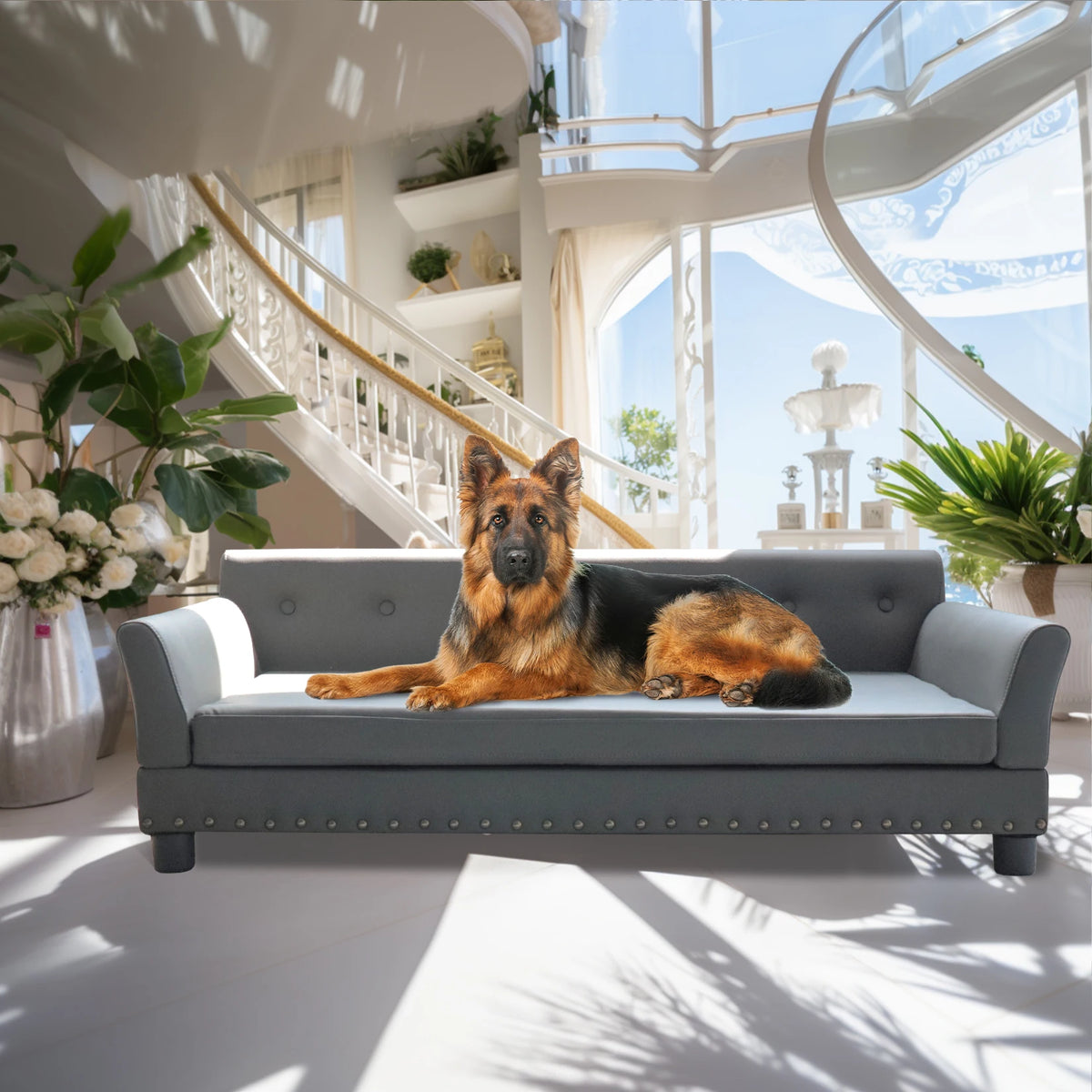 Canapé pour 2 places chien xxl avec un grand berger allemand dans un salon claire  Image