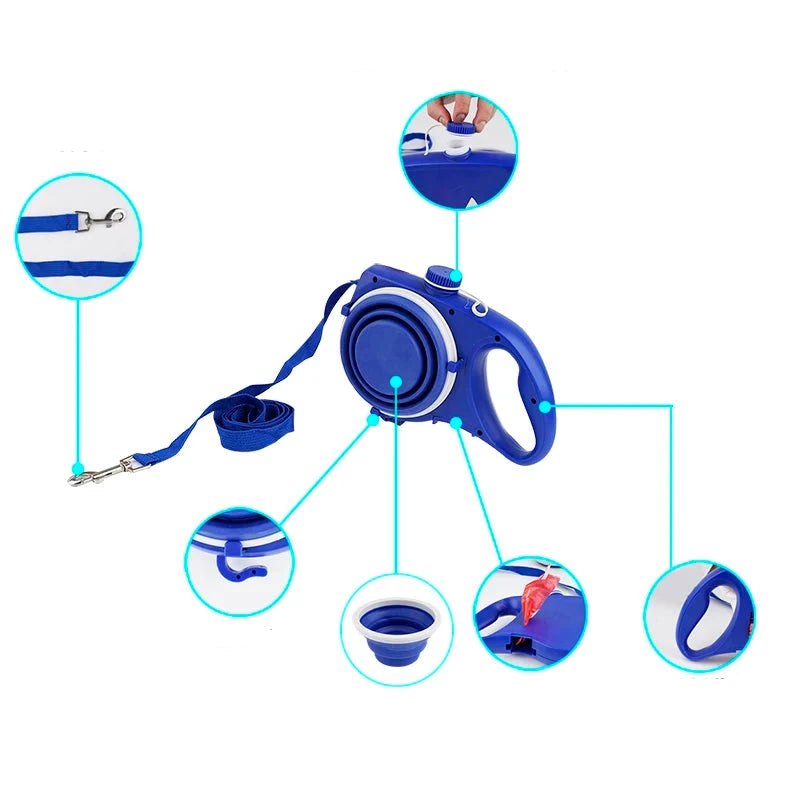 laisse enrouleur pour gros chien  de couleur bleu possédant plusieurs caractéristique. Image produit Boutiquechien