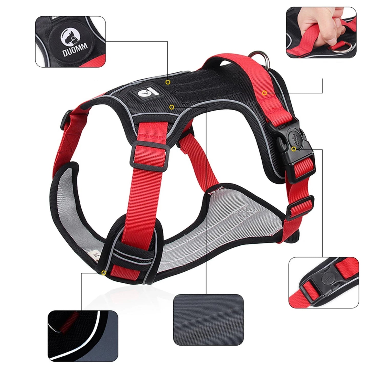 Harnais chien de couleur rouge et noir avec les différentes caractéristiques du produit. Image produit Boutiquechien 