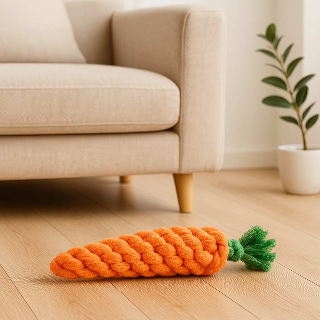 Carotte en corde orange dans un salon de couleur claire. En fond il y a un canapé blanc et une plante verte. Image produit Boutiquechien Image