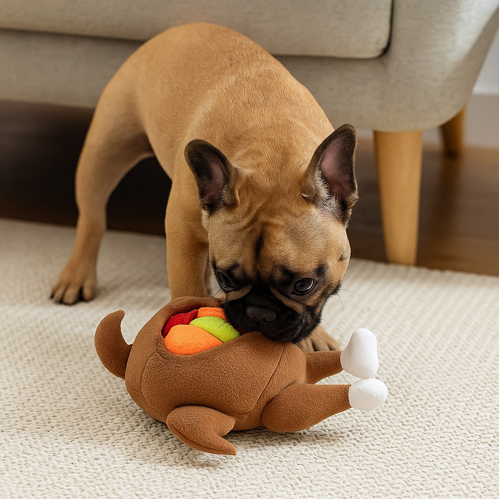 chien brun buldog jouant  avec se dinde de fouille pour chien avec en fond un canapé gris. Image produit Boutiquechien