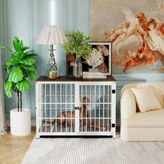 Chien dans cage intérieur en forme de meuble de couleur blanc. Il y a de nombreuse plante verte sur la cage avec sur le côte canapé blanc. Image produit Boutiquechien