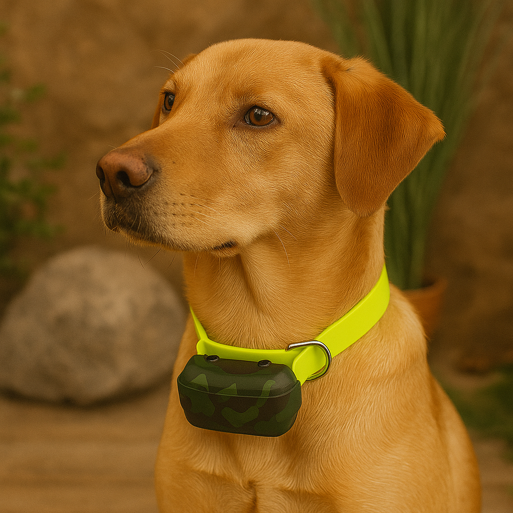 Chien portant le collier chien gps de couleur jaune et militaire. Image produit Boutiquechien