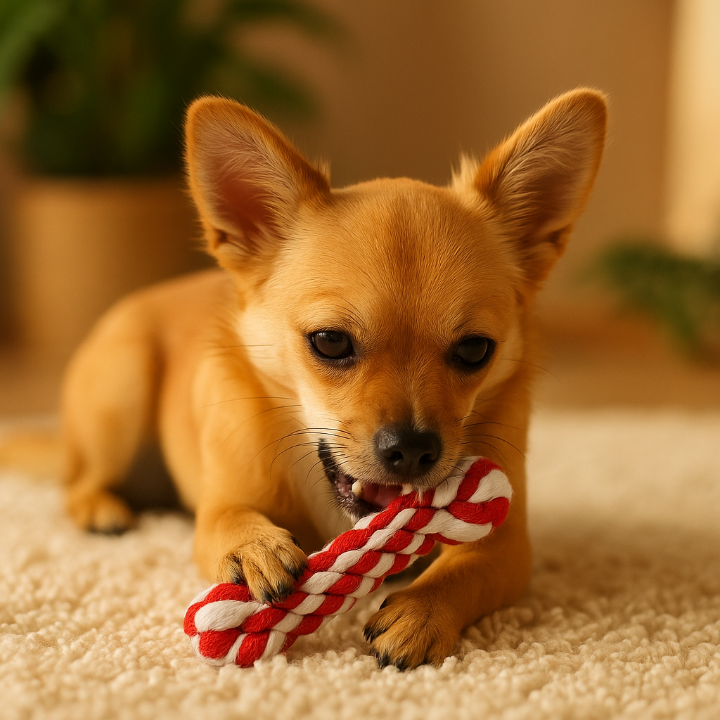 Chihuahua de couleur roux jouant avec son os en corde. Le chien est couché sur un tapis de couleur blanc. En fond il y a une plante verte. Image produit Boutiquechien