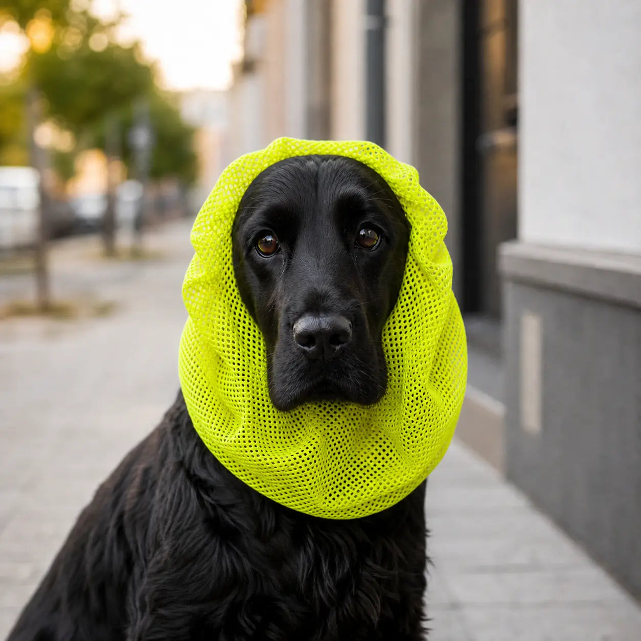 Cocker spaniel snood noir avec un snood dans la ville de couleur clair Image