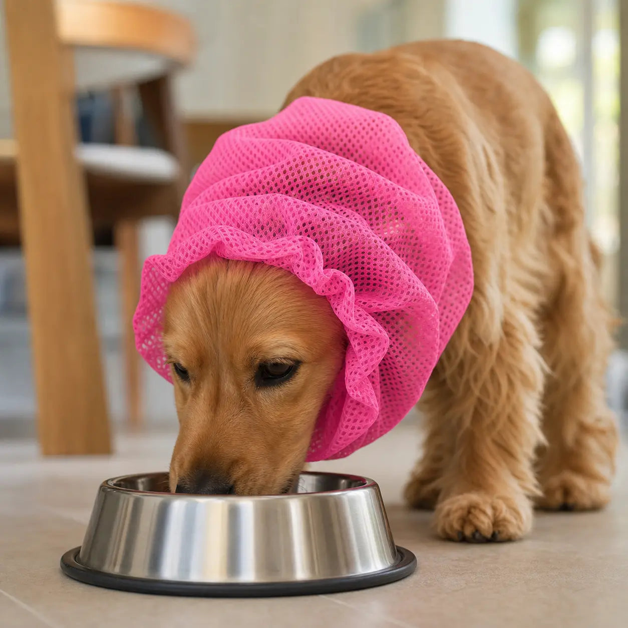 Cocker spaniel snood roux mangeant la gamelle en inox grise posé sur le sol  Image