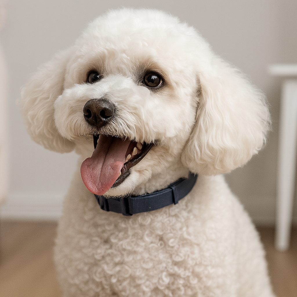 Collier anti-stress pour chiot sur un petit chien de couleur blanc Image