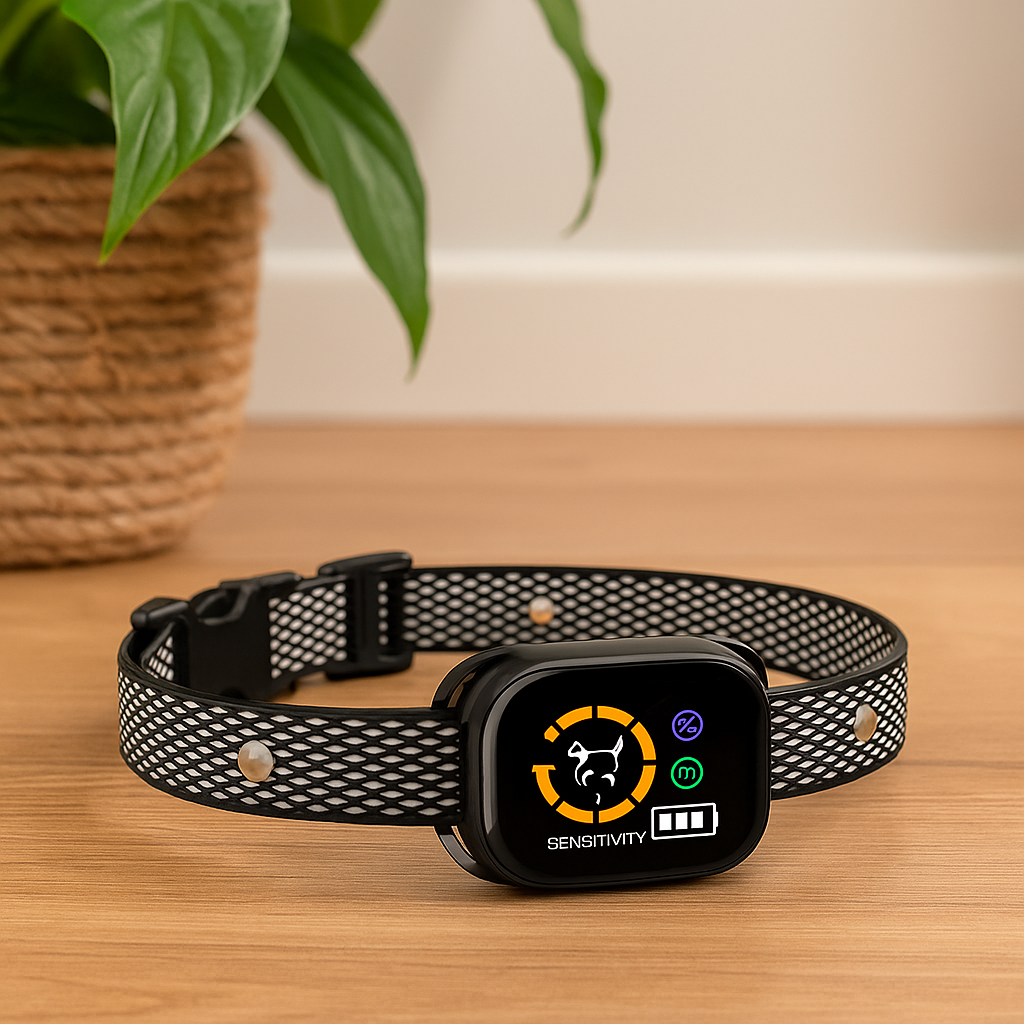 Collier chien de couleur noir avec écrans digital posé sur le sol près d'une plante verte. Image produit Boutiquechien