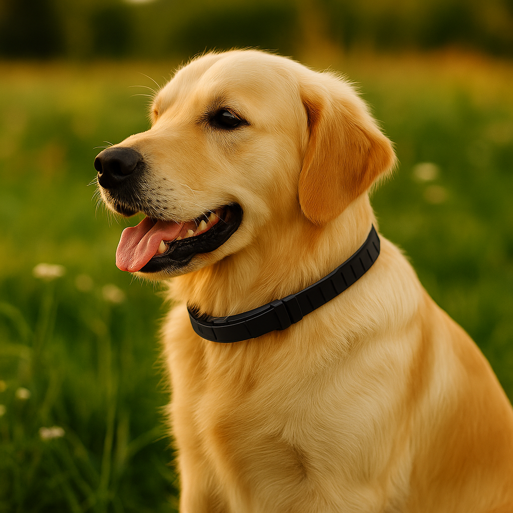 Collier chien anti tique et anti puce porté par un golden retriever. Image produit Boutiquechien