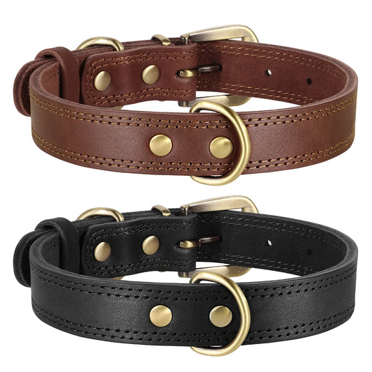 Collier cuir pour chien de couleurs brun et noir. Les attaches sont métalliques. Image produit Boutiquechien